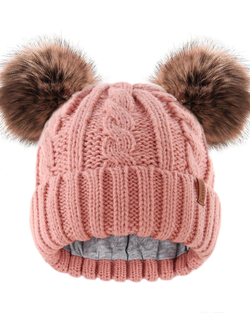 FURTALK Toddler Warm Winter Hat Kids Baby Knitted Soft Beanie with Double Faux Fur Pom Poms for Girls Boys Pink,2-6 Years - Image 1